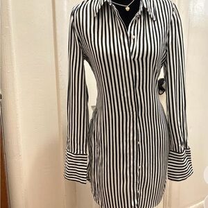 Zara Black and White Striped Long Sleeve Dress